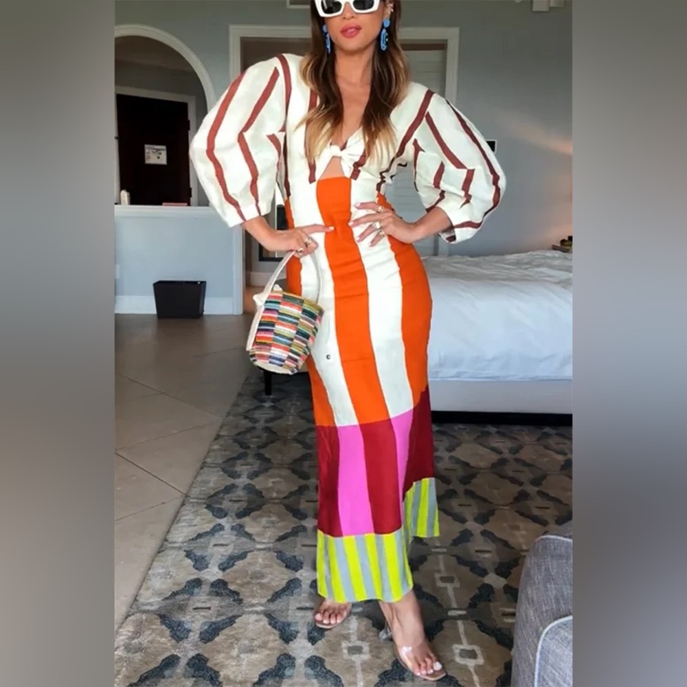 Kaya Linen Blend Color Block Print Front Cutout Knot Puff Sleeve Maxi Dress